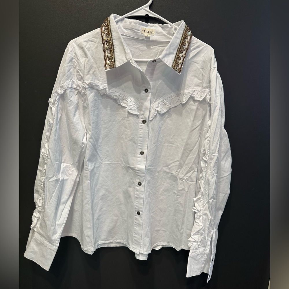 POL | Button Down Shirt with Gold Beaded Collar | Ruffle Accents |‎ Small | NWOT